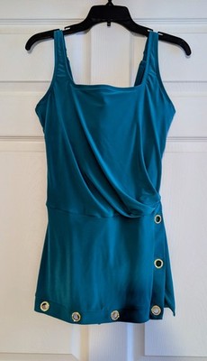 BEYOND CONTROL Grommet Square Size 10 UW Swimdress Blue Swimsuit One Piece 