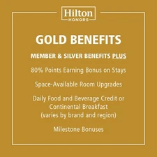 Hilton Gift Gold Status Benefits - Instant Upgrade for 1 Year - 365 days