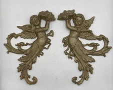 Vintage Cast Iron Pair Antique Gold Angel Wall Decor Hanging Italian