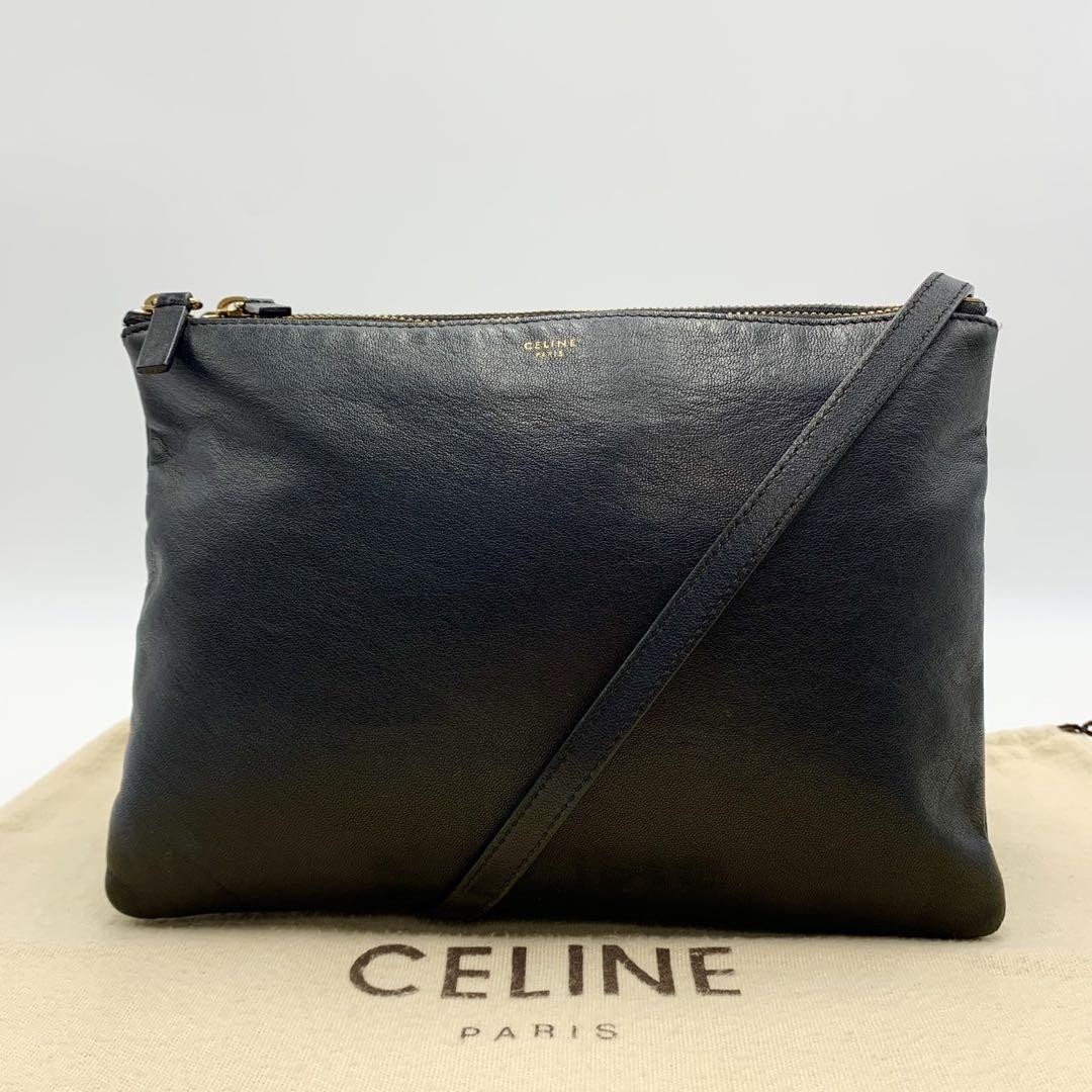 Authentic Celine Trio Black Leather Shoulder Bag I051067