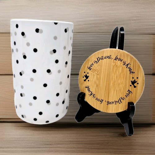 Polka Dot Ceramic Canister with Wooden Lid Daffodil Homestead Love is Patient