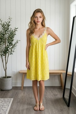 Tibi Womens Sz 8 Yellow embroidered eyelet lined empire waist dress pockets NWT