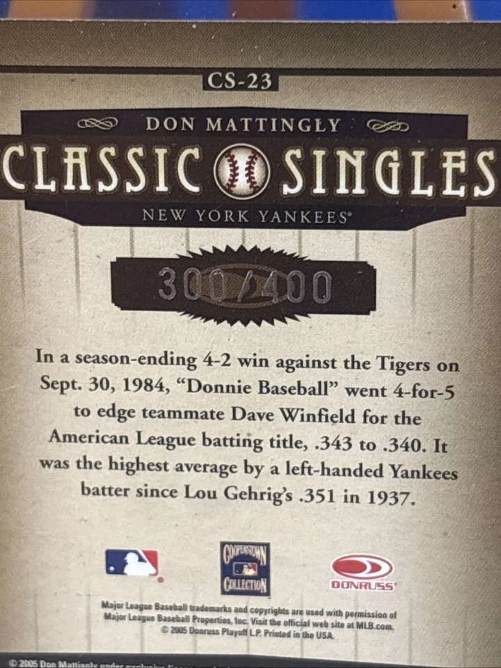 Donruss Classics Classic Singles 2005/400 Don Mattingly #CS-23 NYY SP LEGEND Foto 2 de 4