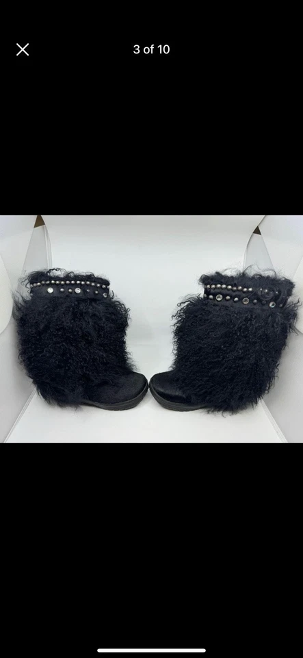 BEARPAW Boetis Black Furry Curly Lamb Fur Boots SIZE 7 - Image 3 of 4
