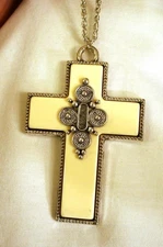Handsome Sculpted Bead Rimmed Textured White Pectoral Cross Silvertone Necklace