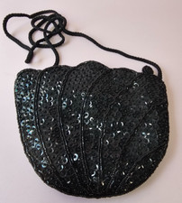 Vintage Walborg Black Sequined Evening Bag, Handbag 6.5x7" Ruffle Clam Design