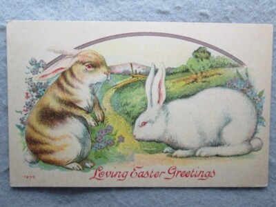 Antique Loving Easter Greetings Postcard 1911, Two Rabbits