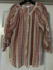 DR2 For Anthropologie Boho Swiss Dot Gathered 3/4 Sleeve Size M Button Up Blouse