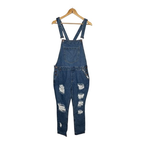 Iris Jeans Distressed Denim Overalls Ripped Holes Med Wash Women Size Large New