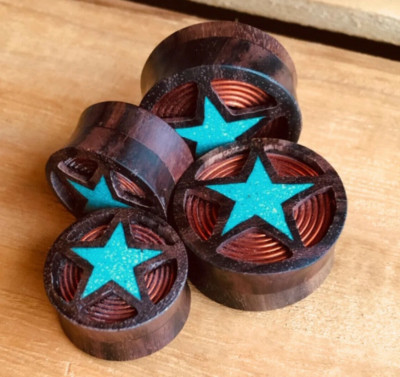 PAIR Sono Wood Plugs w/ Crushed Turquoise Star & Copper Coil Earlets Gauges