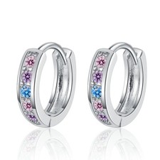 925 Sterling Silver Multicolour CZ Crystal Hoop Circle Ring Huggie Earrings Gift