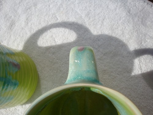 2 Handcrafted Art Pottery Mugs Signed Studio Bright Green Turquoise Drip Glaze - Picture 9 of 11