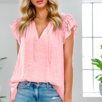 Womens Casual V Neck Tops Drawstring Short Sleeve T Shirt Solid Color Blouses d