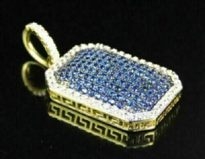 2Ct Lab Created Blue Sapphire Men's Dog Tag Shape Pendant 14K Yellow Gold Finish