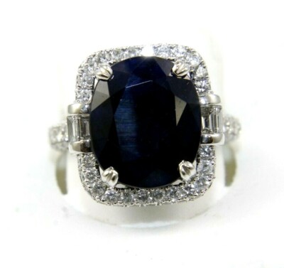 Natural Oval Blue Sapphire & Diamond Halo Solitaire Ring 14k White Gold 10.34Ct
