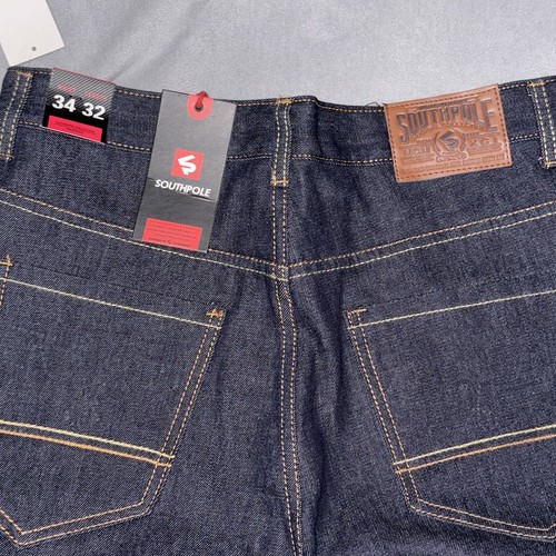 Vintage SouthPole Jeans Mens 34x32 Blue Y2k Dark Brown Tab Wide Baggy Grunge New - Picture 6 of 7