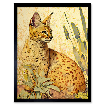 Serval Cat in Nature Bright Watercolour Framed Wall Art Picture Print 12x16