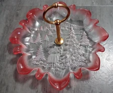 Mikasa Christmas Story Crystal Tidbit Dish Plate w/Cranberry Red Edge Handle