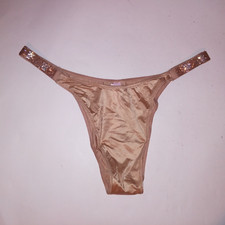 Victoria Secret Panty XL Brazilian Beige Gold Shine Strap Rhinestone Bling New