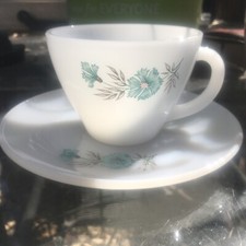 2 Pc Vintage Fire King Milk Glass Bonnie Blue Flowers Coffee Cup  Saucer Plate