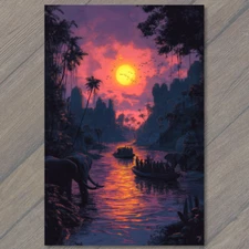 Art Print Exotic Jungle Elephants Ancient Temples Fiery Sky Mysterious Waters