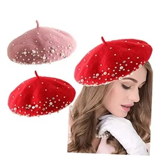 seven wolves Wool Beret Women's Beret Hat French Style Beanie 1-2 Red & Pink