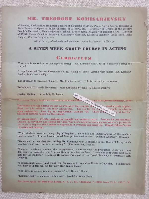 1938 Flyer THEODORE KOMISARJEVSKY Acting Classes at CENTRAL PARK STUDIOS in NYC