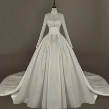 Muslim Wedding Dresses High Neck Long Sleeve Satin Lace Appliques Bridal Gowns