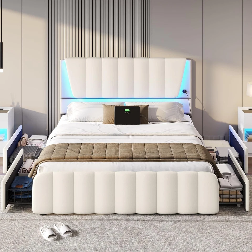Queen Bed Frame with Headboard and 4 Drawers, White Platform Bed with Led Light - Image 3 of 4