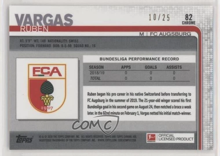 2019-20 Topps Chrome Bundesliga Orange Refractor /25 Ruben Vargas #82 Rookie RC - Image 2 of 2