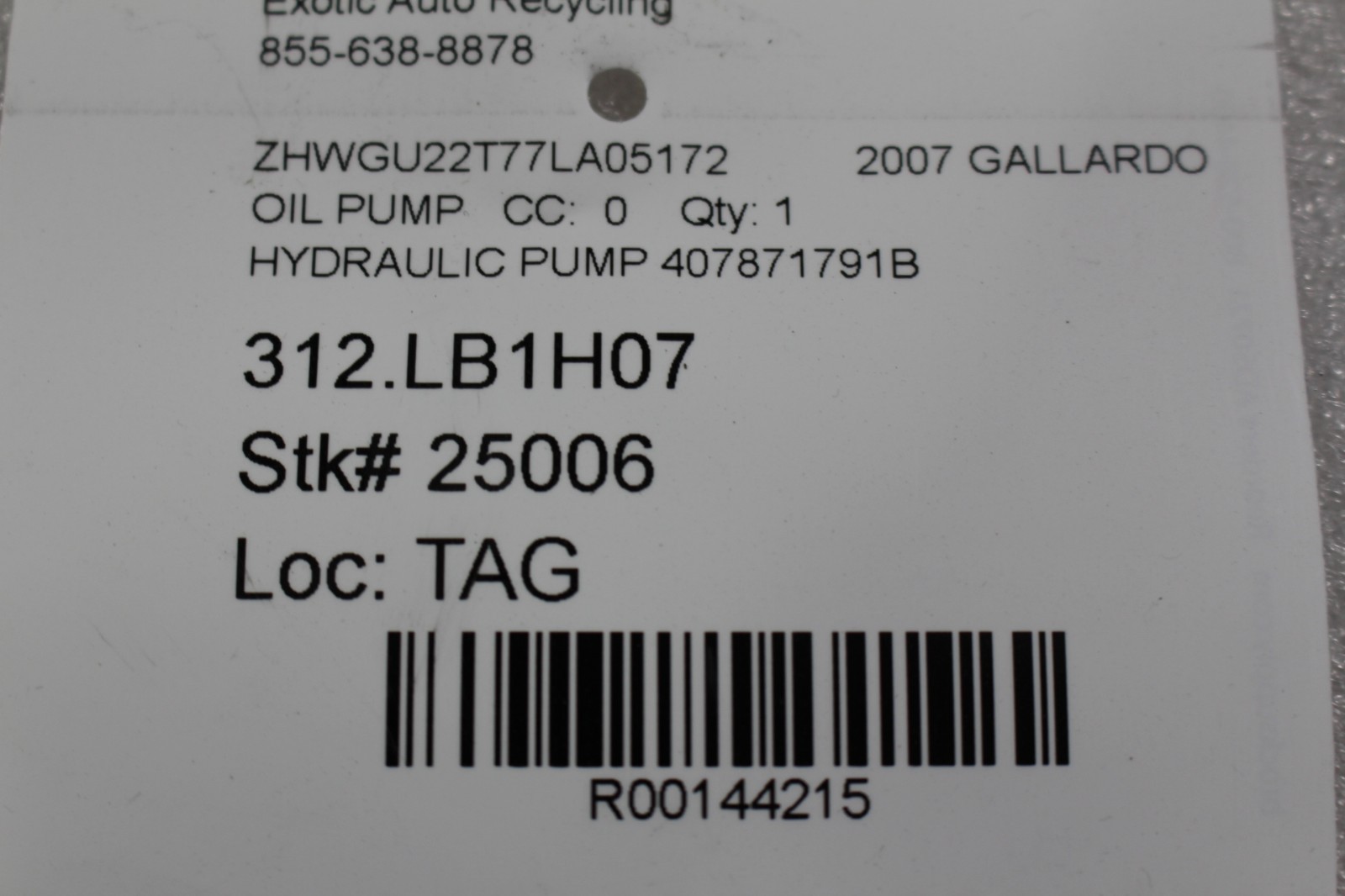 Lamborghini Gallardo Spyder, Convertible Top Hydraulic Pump, P/N 407871791B