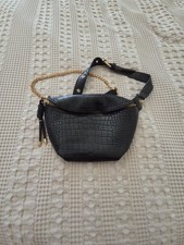 Black Croc-Embossed Faux Leather Fanny Pack with Gold Chain Detail