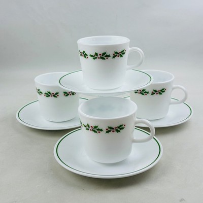 Corelle Holly Days Cup Saucer Set of 4 Christmas Berries Black Stems 3'' Corning