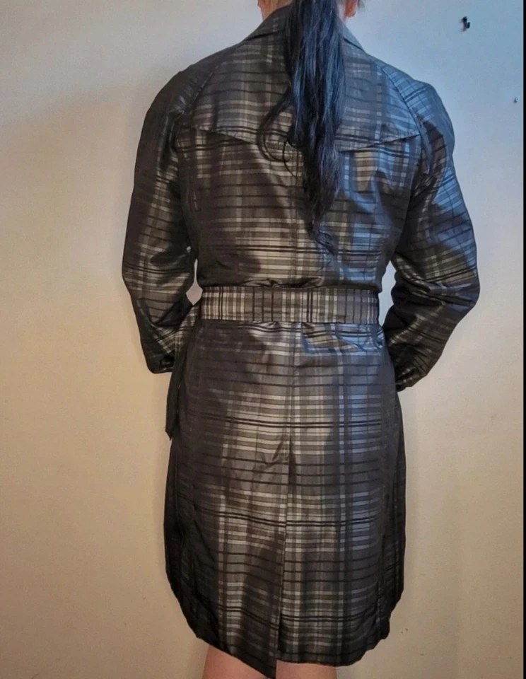 Next Women’s Black Check Trench Coat Belted Double Breasted Size 12 - Image 2 of 4