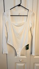 Halara Ribbed Knit Square Neck Long Sleeve Skinny Casual Bodysuit White M NWT