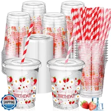 Jingmore 50 Pcs Strawberry 1st Birthday Party Disposable Plastic Cups 12 oz w