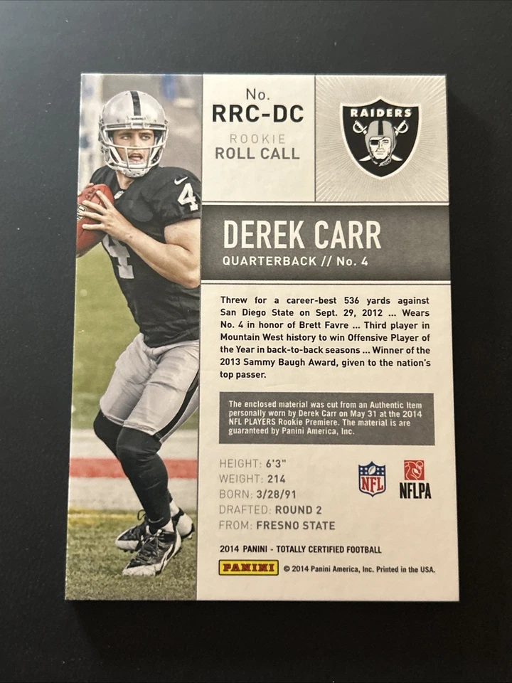 Derek Carr 2014 Panini Totally Certified Rookie Roll Call Jersey Patch Card - Image 2 of 2