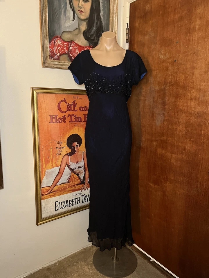 Maxi Vestido De Colección Años 90 Nostalgia Encaje Cuentas Azul Marino Negro Sin Espalda Capricho Grunge L Foto 3 de 4
