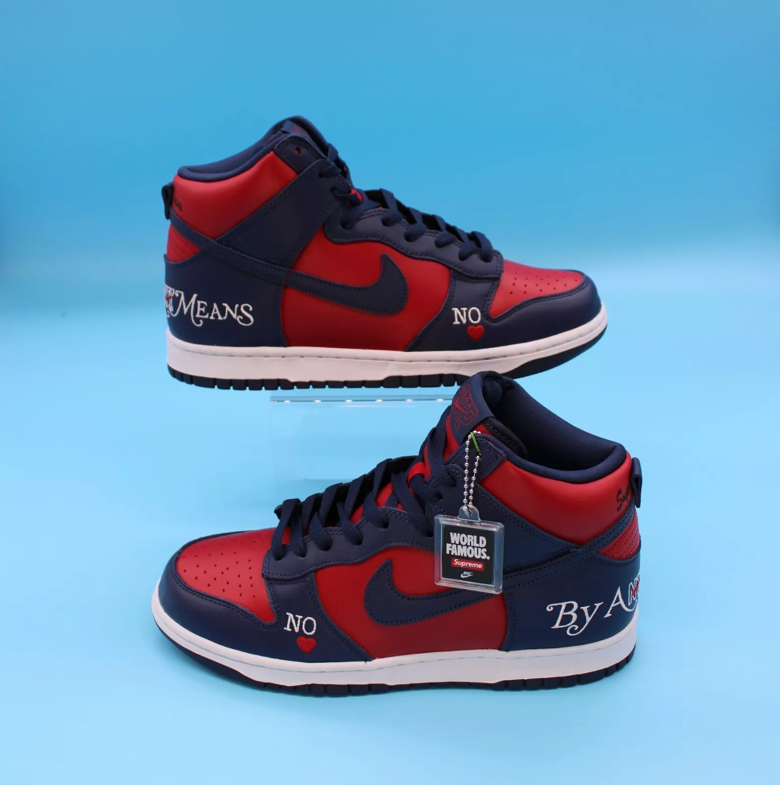 Baskets hautes Nike SB Dunk High Supreme By Any Means rouge marine blanc