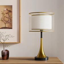 Image of Vintage Gold Accents Base Desk Light Versatile Bedside Table Lamp w/Fabric Shade