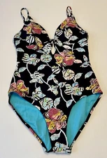 Sunseeker Onepiece Black Floral Swimsuit Front Tie Size 8 Strechy