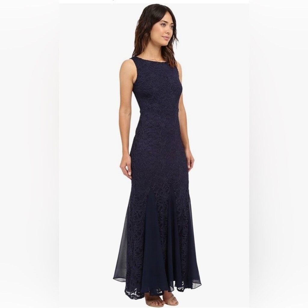 blue lace godet maxi dress Sara Lace Mermaid Gown (Women)
