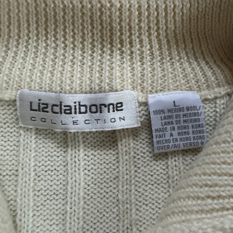 Liz Claiborne Large Cable Knit Sweater Pullover Tan Button Collar Merino Wool - Image 4 of 4