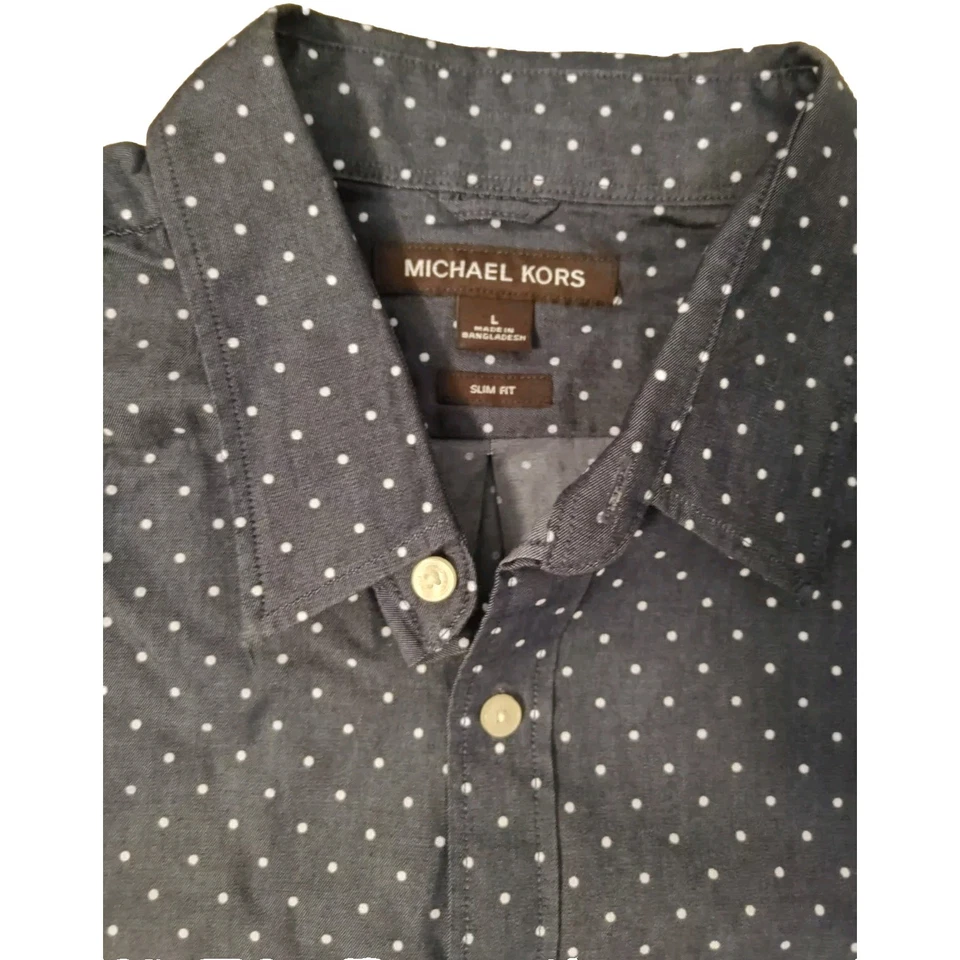 Camisa de Vestir Michael Kors Cuello Calce Ajustado Botones Azul y Blanco Lunares Talla L Foto 4 de 4