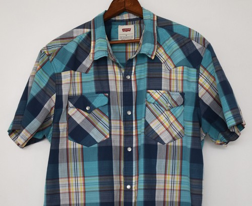 Levi's XL Western Shirt Blue Stripe Plaid Pearl Snap Short Sleeve - Picture 2 of 4