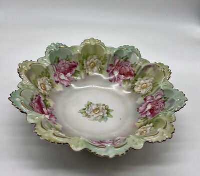 Antique MZ Austria Bowl Peonies Roses 10 1/2  Pink Green *read * Cottage Core