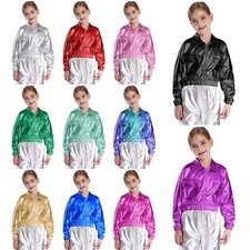 Girls Jazz Jackets Shiny Metallic Coat Long Sleeve Flip Collar with Flap Pockets