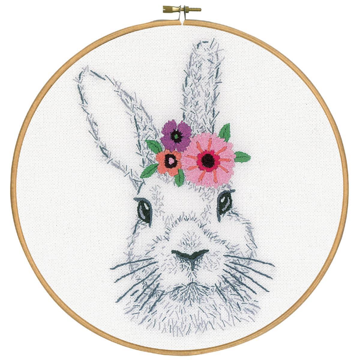 Vervaco stamped satin stitch kit ""Rabbit with flowers"", Diam 24cm, DIY