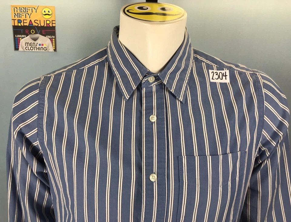 Mens Duck Head Jeans Co Large Athletic Fit Teal Blue + White Vert Striped Shirt - Image 2 of 4