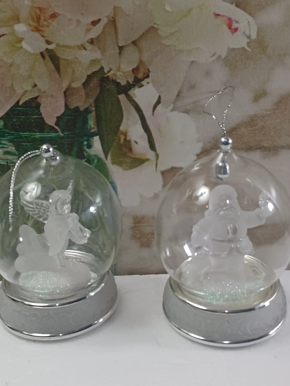 2 Vintage Frosted Glass Musical Snow Globe Christmas Ornaments Angel Santa Claus
